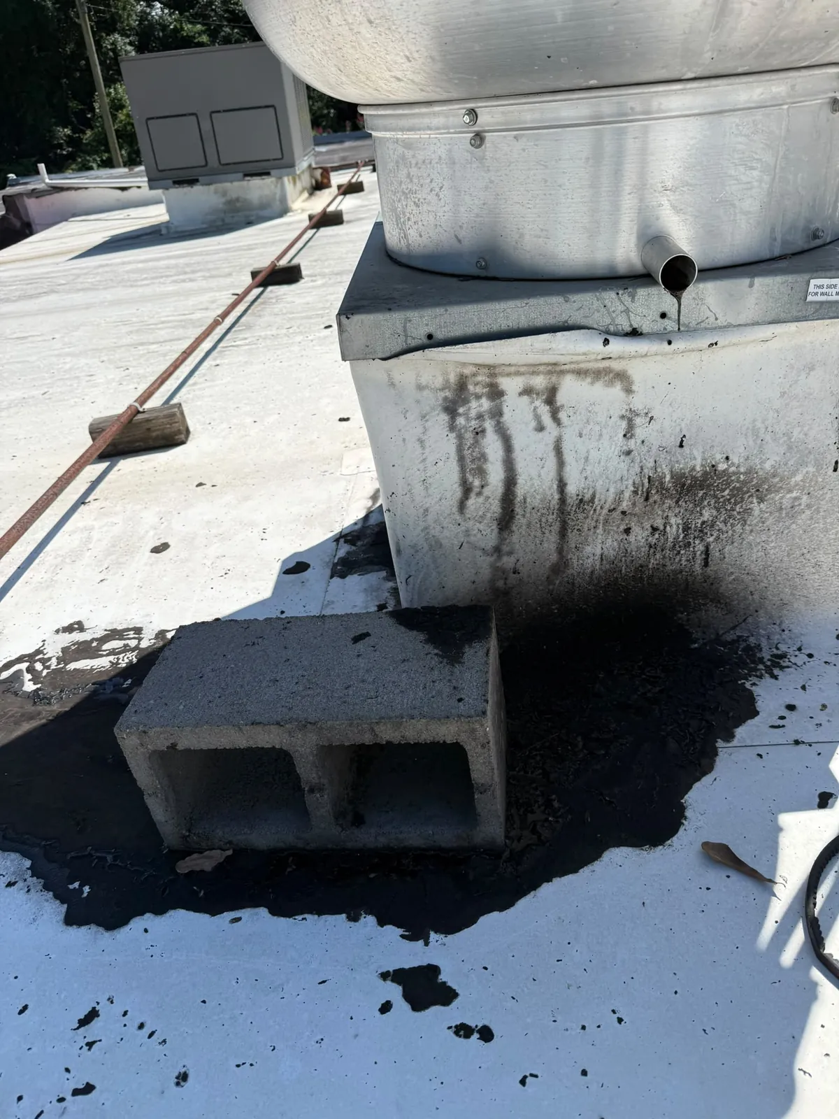 Grease buildup on a commercial roof around rooftop exhaust equipment